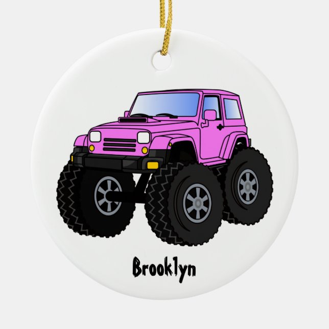Pink monster truck cartoon illustration ceramic ornament (Front)