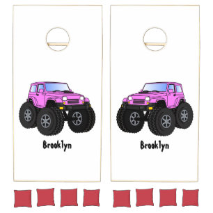 Pink monster truck cartoon illustration cornhole set