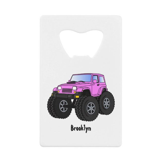 Pink monster truck cartoon illustration credit card bottle opener (Front)