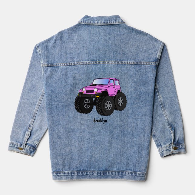 Pink monster truck cartoon illustration denim jacket (Back)