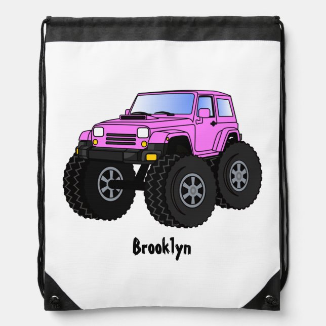 Pink monster truck cartoon illustration drawstring bag (Front)