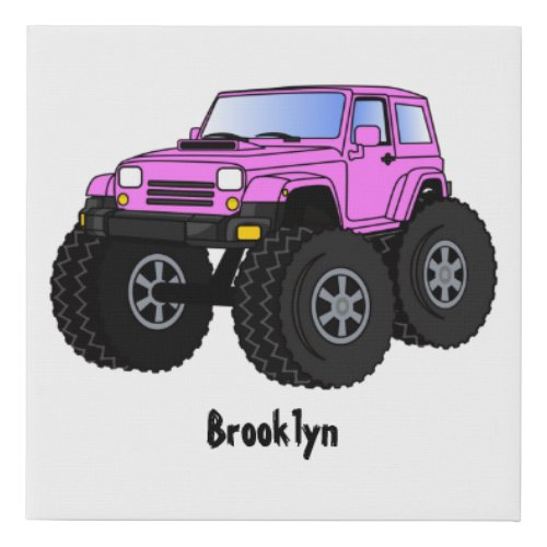 Pink monster truck cartoon illustration faux canvas print
