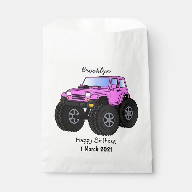 Pink monster truck cartoon illustration favor bag (Front)