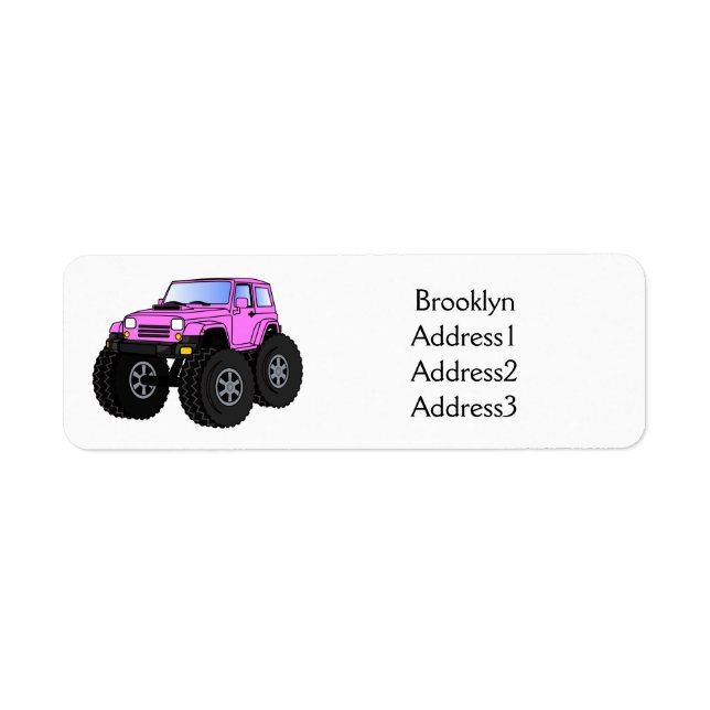 Pink monster truck cartoon illustration label (Front)