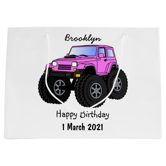 Pink monster truck cartoon illustration large gift bag (Front)