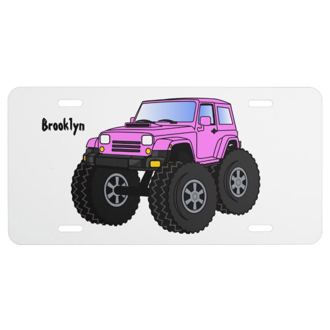 Pink monster truck cartoon illustration license plate (Front)