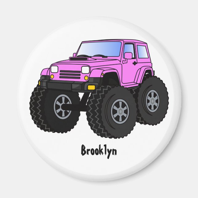 Pink monster truck cartoon illustration  magnet (Front)