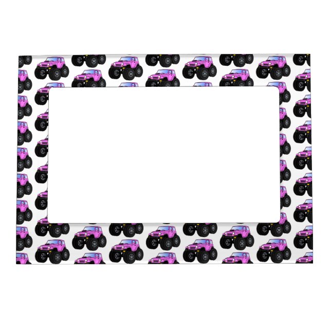Pink monster truck cartoon illustration magnetic frame (Front)