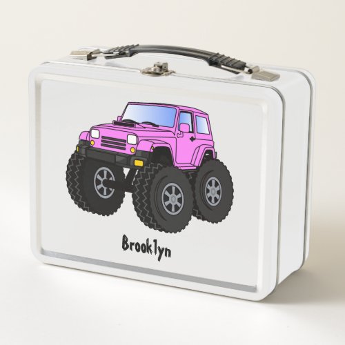 Pink monster truck cartoon illustration metal lunch box