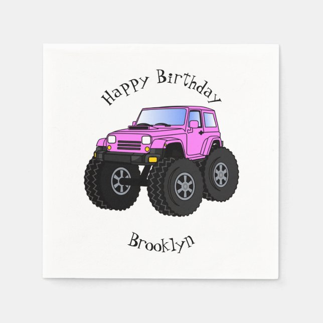 Pink monster truck cartoon illustration napkins (Front)