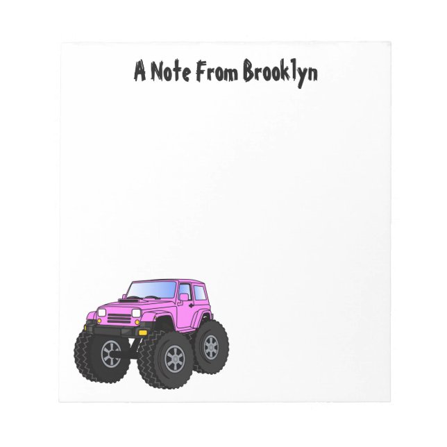 Pink monster truck cartoon illustration notepad (Front)