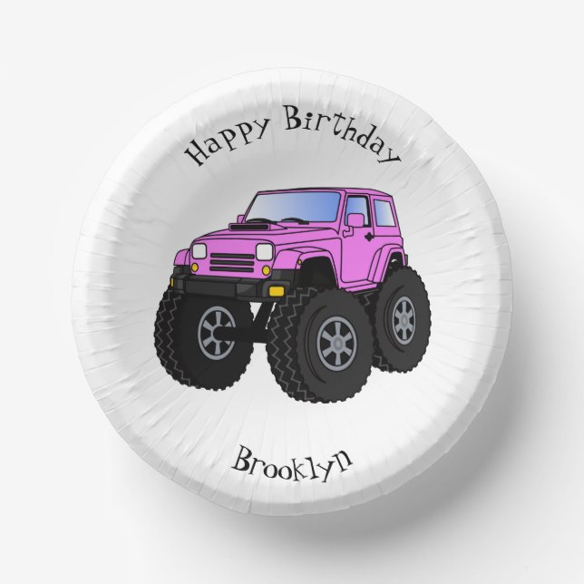 Pink monster truck cartoon illustration  paper bowls (Front)
