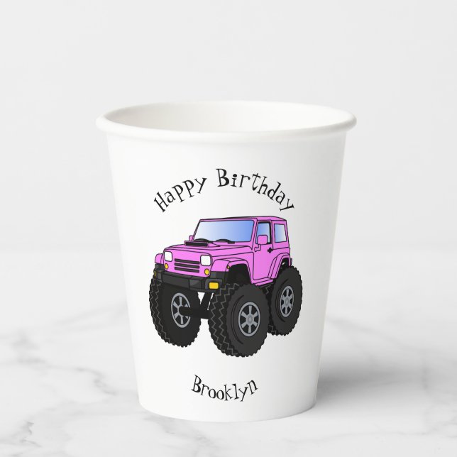 Pink monster truck cartoon illustration paper cups (Front)