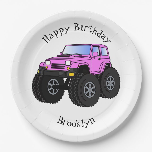 Pink monster truck cartoon illustration paper plates (Front)