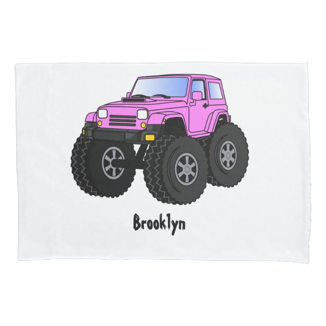Pink monster truck cartoon illustration pillow case (Front)