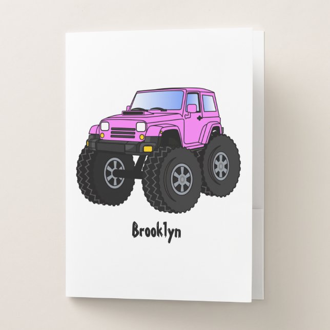 Pink monster truck cartoon illustration  pocket folder (Front)