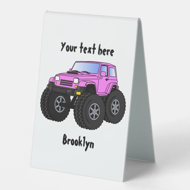 Pink monster truck cartoon illustration table tent (Front)