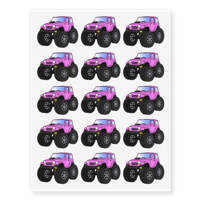 Pink monster truck cartoon illustration  temporary tattoos (Front)