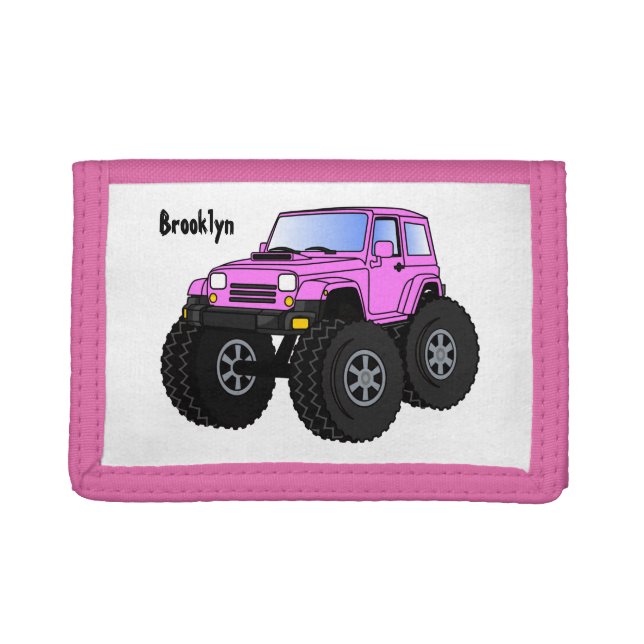 Pink monster truck cartoon illustration trifold wallet (Front)
