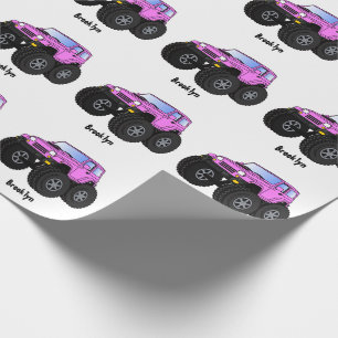 Pink monster truck cartoon illustration wrapping paper