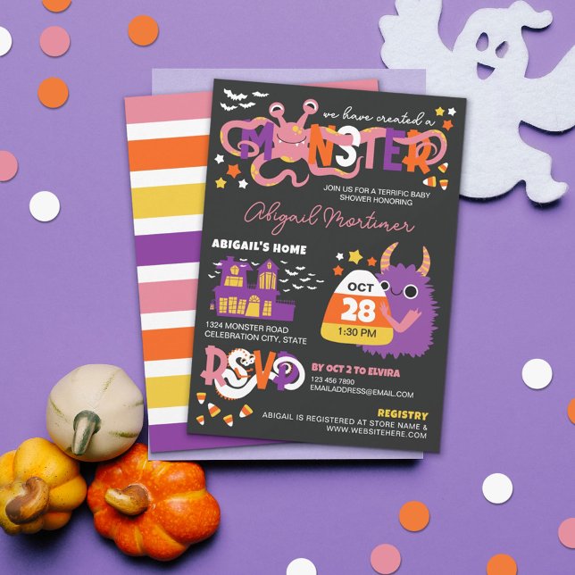 Pink Monster Typography Halloween Baby Shower Invitation (Creator Uploaded)