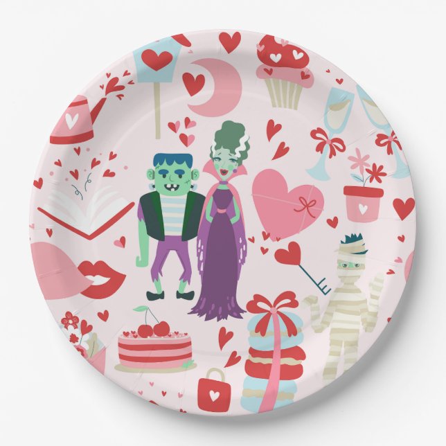 pink monster valentines bride frankenstein mummy paper plates (Front)