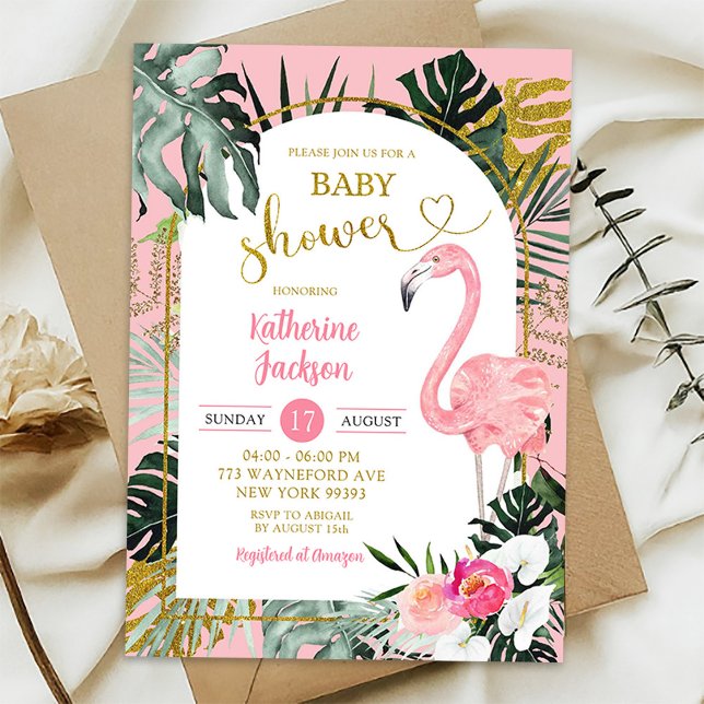 Pink Monstera Tropical Flamingo Baby Shower Invitation (Creator Uploaded)