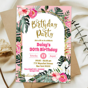 Pink Monstera Tropical Hawaiian Birthday Party Invitation