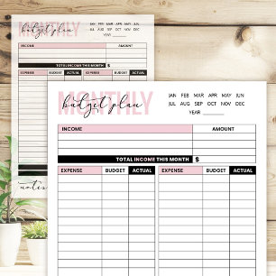 Pink Monthly Budget Plan of Income and Expenses Notepad
