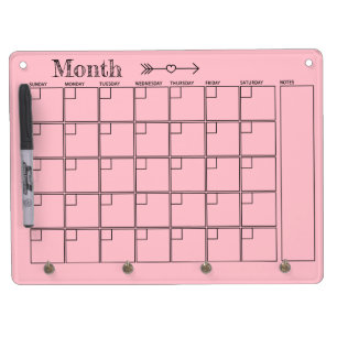 Pink Monthly Calendar Dry Erase Board With Keychain Holder