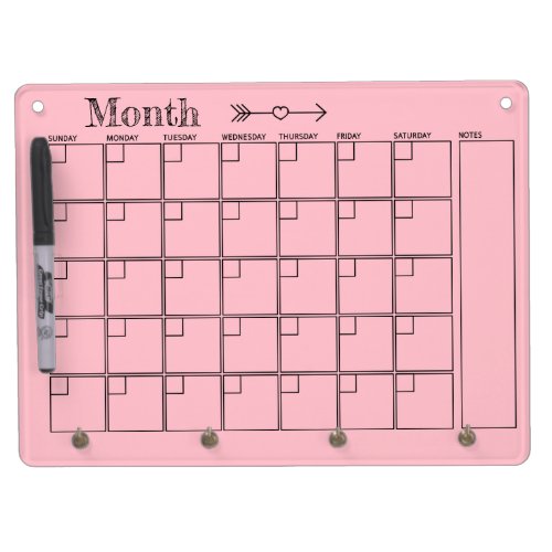 Pink Monthly Calendar Dry Erase Board With Keychain Holder