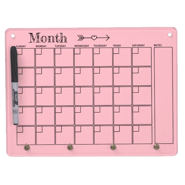 Pink Monthly Calendar Dry Erase Board With Keychain Holder (Front)
