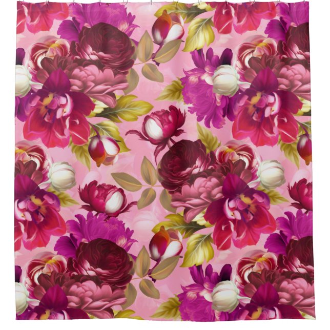 Pink Moody Florals Maximalist Flower Garden Shower Curtain (Front)