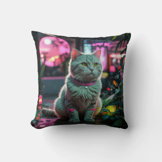 pink moon and cat Throw Pillow