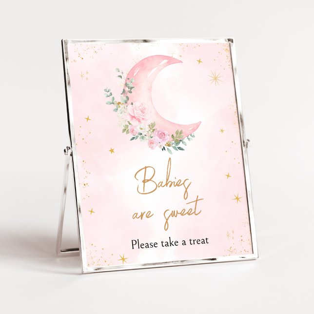 Pink Moon and Stars Baby Shower Babies are Sweet Poster (Twinkle Little Star Baby Shower Babies are Sweet Sign)