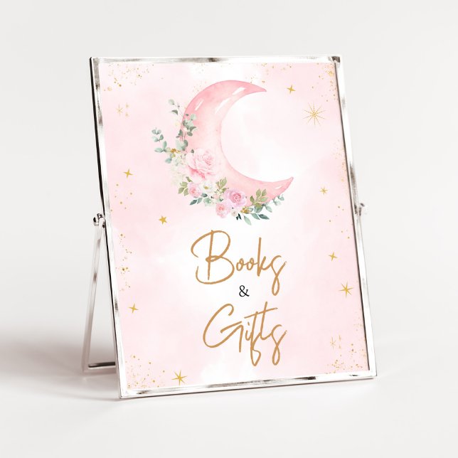 Pink Moon and Stars Baby Shower Books and Gifts Poster (Twinkle Little Star Baby Shower Books and Gifts Sign)
