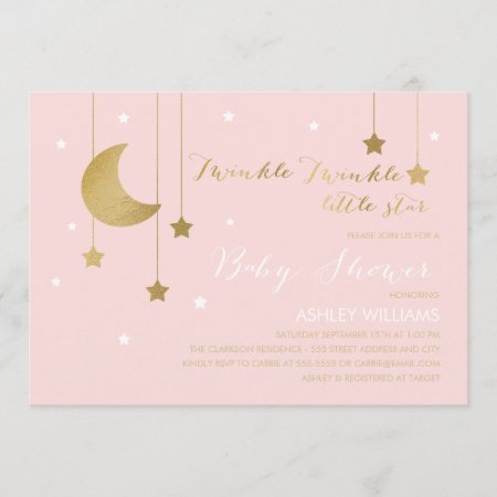 Pink Moon And Stars Baby Shower Invitation