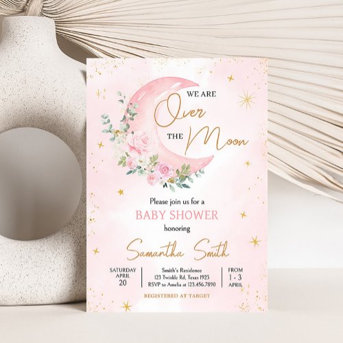Pink Moon and Stars Baby Shower  Invitation