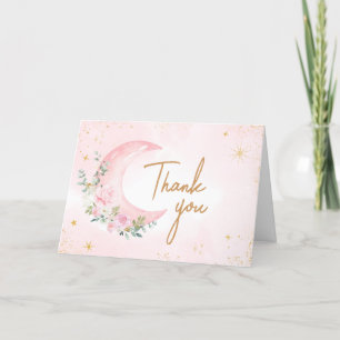 Pink Moon and Stars Baby Shower Letterpress Thank You Card