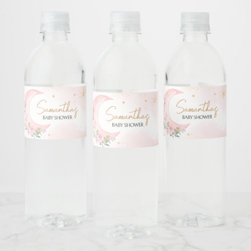 Pink Moon and Stars Baby Shower  Water Bottle Label