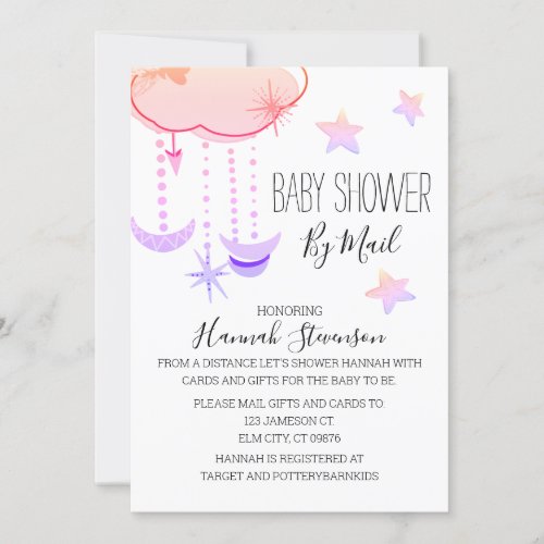 Pink Moon And Stars Girls Baby Shower by Mail Invitation