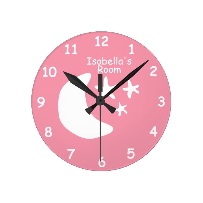 Pink Moon And Stars Kids Bedroom Nursery Custom Round Clock Zazzle Com