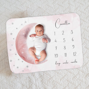 Pink Moon and Stars Milestone Girl Baby Blanket