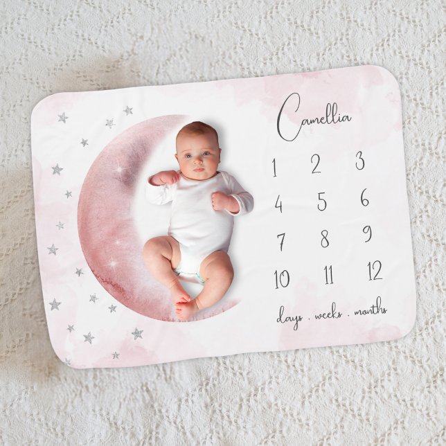 Pink Moon and Stars Milestone Girl Baby Blanket (Creator Uploaded)