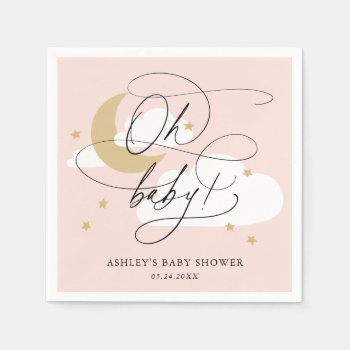 Pink Moon And Stars Script Oh Baby Shower Napkins by NBpaperco at Zazzle