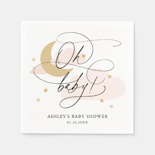 Pink Moon and Stars Script Oh Baby Shower Napkins
