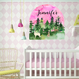 Pink Moon Forest Animals Nursery Custom Name  Wall Decal
