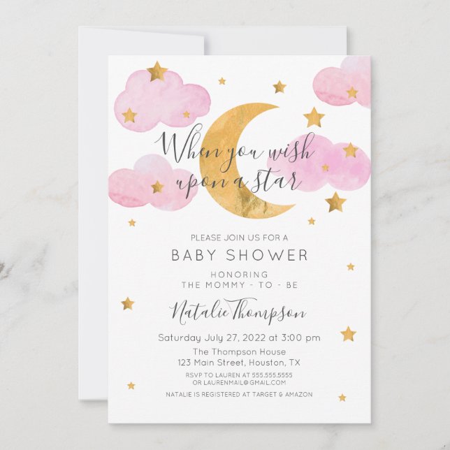 Pink Moon Invitation and Baby Shower Stars (Front)