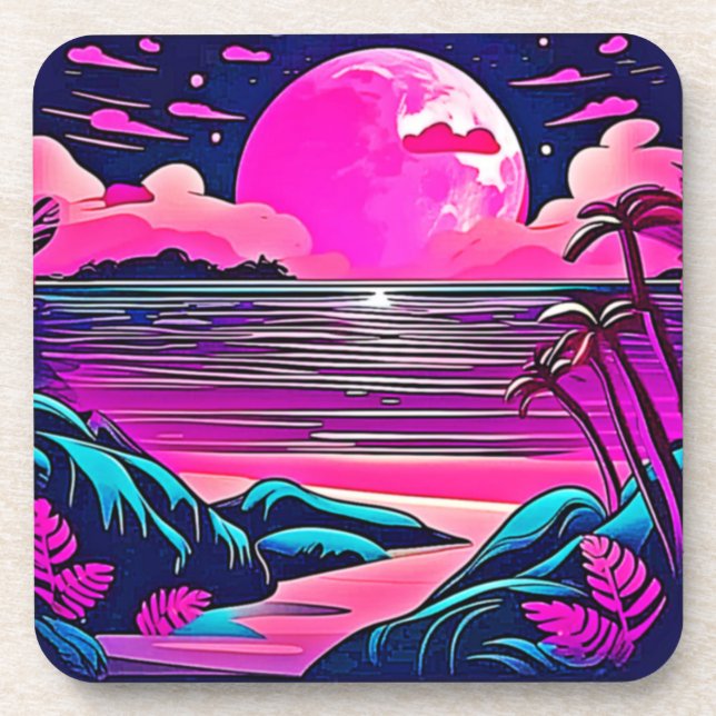 Pink Moon Neon Beachscape Beverage Coaster (Front)