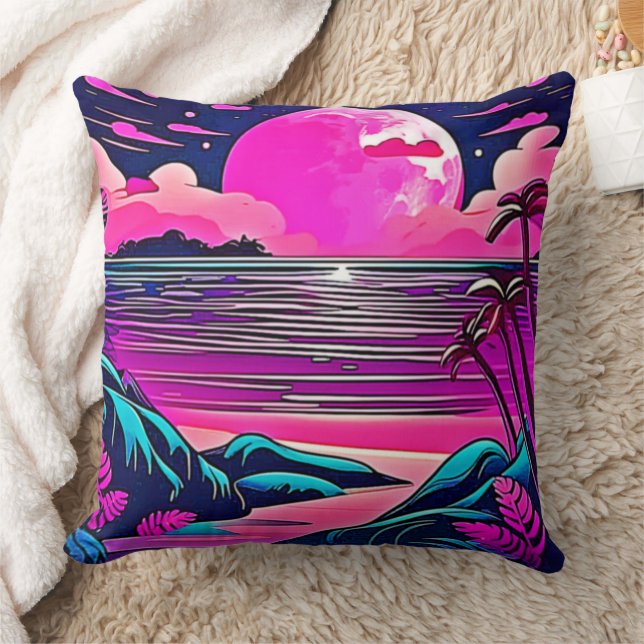 Pink Moon Neon Beachscape Throw Pillow (Blanket)